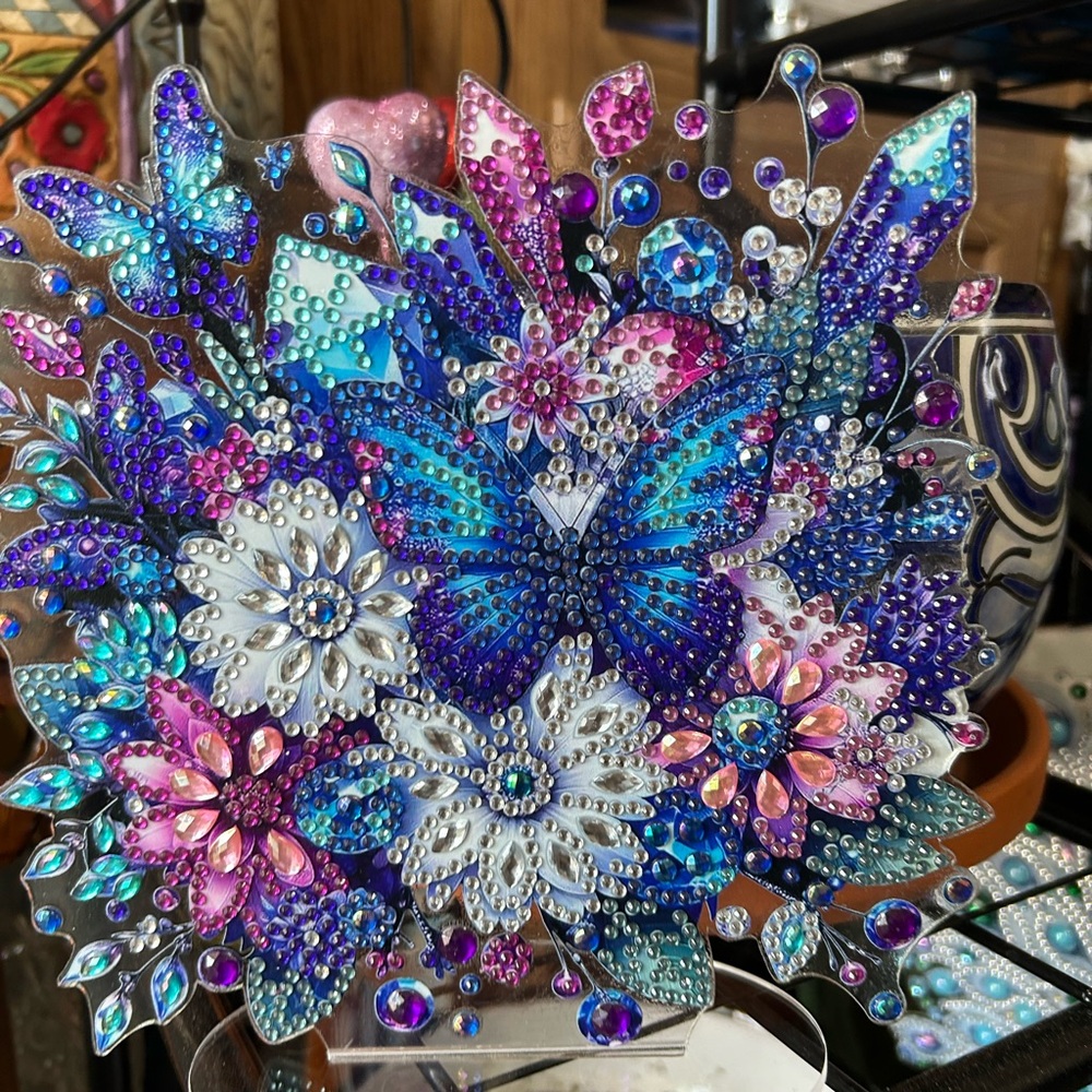 Vibrant Butterfly and Floral Crystal Art Piece.          
    Two White Flowers